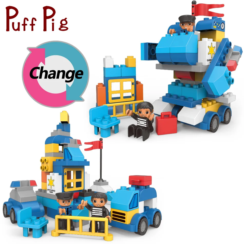 

PuffPig 66PCS Baby Big Size Transform Robot Pliceman Bricks City legorreta Duploed Car Building Blocks Juguete Toys For Children