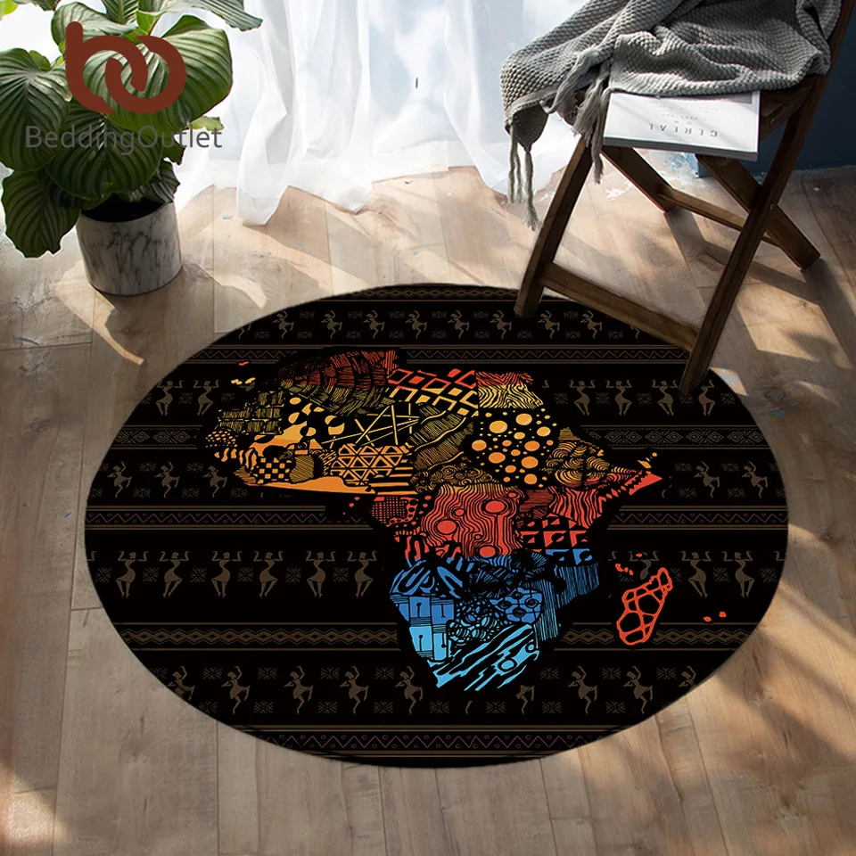 

BeddingOutlet African Map Round Carpet Geometric Floor Mat Non-slip Retro Exotic Area Rugs Blue Red Yellow tapetes Drop Ship