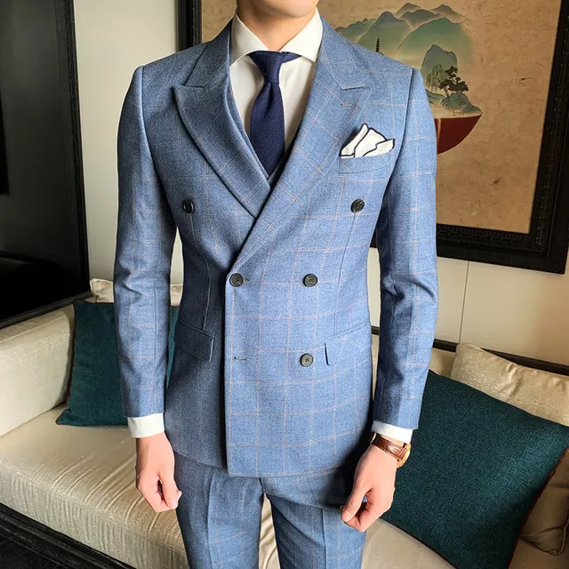 Uomo Doppio Petto Del Vestito Alla Moda Mens Abiti Plaid Elegante Abiti per  party di matrimonio Kaki Luce Blu Pantaloni Giacca Gilet|Suits| - AliExpress
