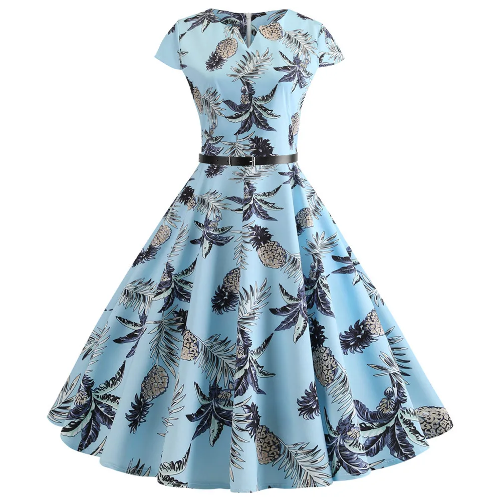 

Women Floral Print Vintage Dress Short Sleeve Elegant V neck Party Dress Summer Robe Female Casual A-Line Dress Tunic Plus Size