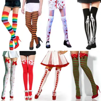 

2018 Casual Womens XMAS Halloween Skeleton Costume Blood Stained Over Knee Socks Stockings Cosplay