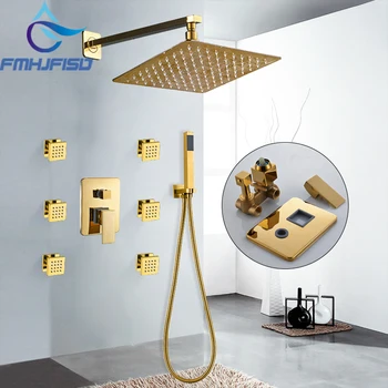 

FMHJFISD Gold Bathroom Shower Faucet Golden Polished Bath Faucet Tripel Valve Mixer Water Taps W Body SPA Massage Jets Nozzle
