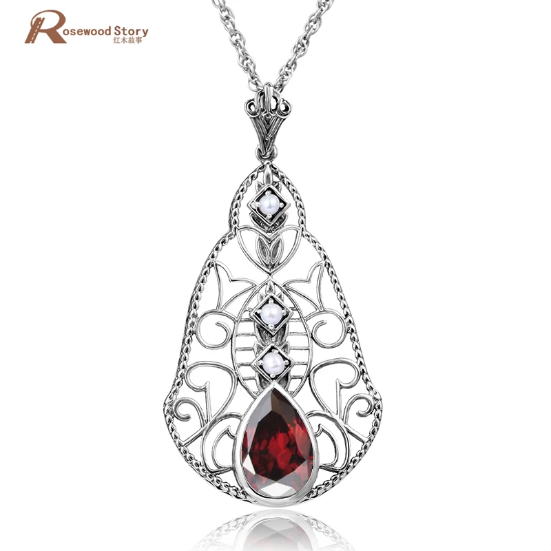 

Turkish Jewelry 925 Sterling Silver Natural Pearl Pendant Red CZ Stone For Women Fashion Charm Bohemia Necklace With Gift Box