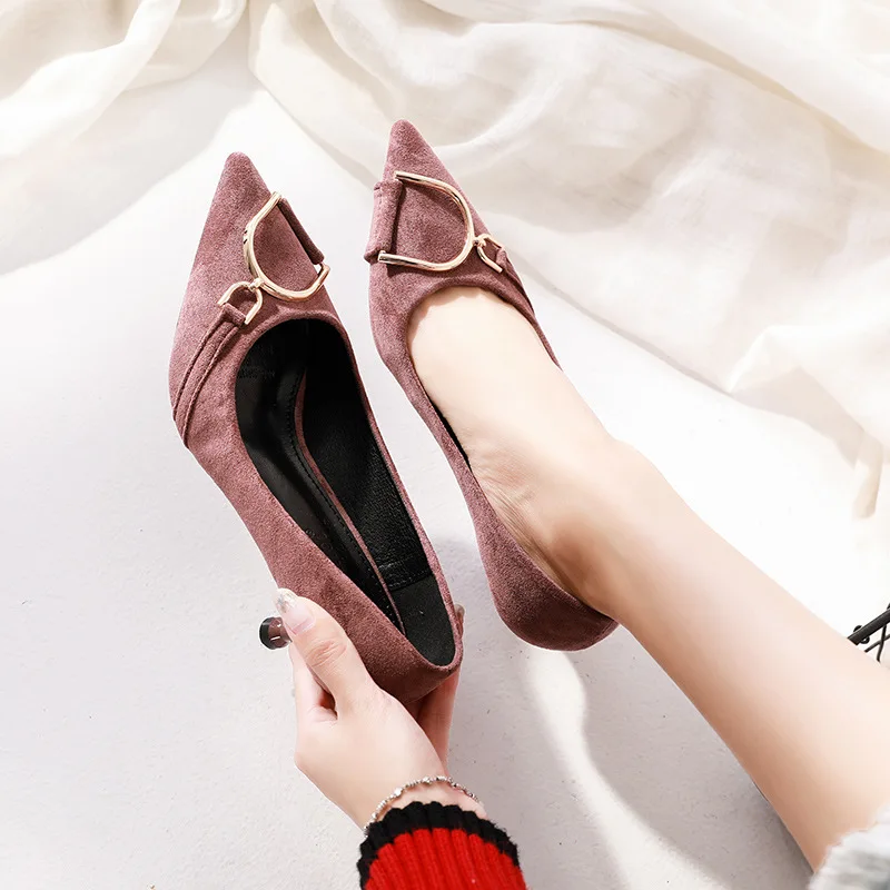 Metal Button Coloured Working Suede High-heeled Shoes Female Fine-heeled Shoes with Shallow Point Head women shoes high heel Metal Button Coloured Working Suede High-heeled Shoes Female Fine-heeled Shoes with Shallow Point Head women shoes high heel