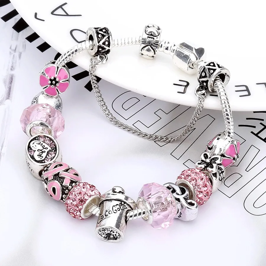 

Beiver Pink Crystal Charm Silver Bracelets & Bangles for Women with DIY Beads Cola Bottle Bracelet Women Jewelry 2019 New CZ027