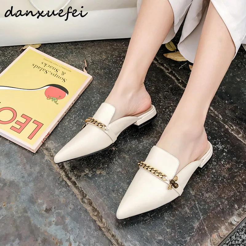 

Women's genuine leather flats mules bee chain fashion summer flats slides leisure female comfortable footwear sandalias shoes