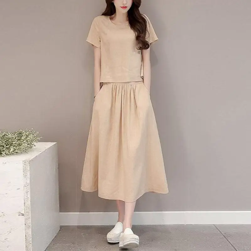 

Yfashion 2 Pcs/set Women Summer Clothing Linen Solid O Neck Short Sleeve Tops+Skirt Elegant Lady Casual Clothes Set Femme