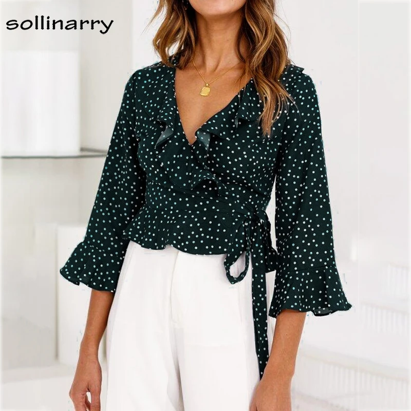 Sollinarry Long Sleeve Ruffles Blusa V Neck Sexy Short Blouse Shirt Feminina Polka Dot Boho Crop Tops Blouse 2018 Blouses
