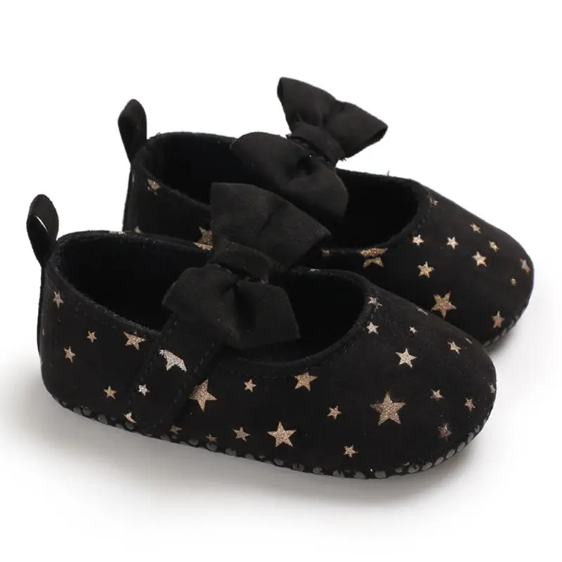 Цветочные кроссовки для новорожденных девочек; Повседневная хлопковая обувь с бантом для малышей; кожаная обувь принцессы с блестками и звездами для маленьких девочек 0-18 месяцев - Цвет: Черный