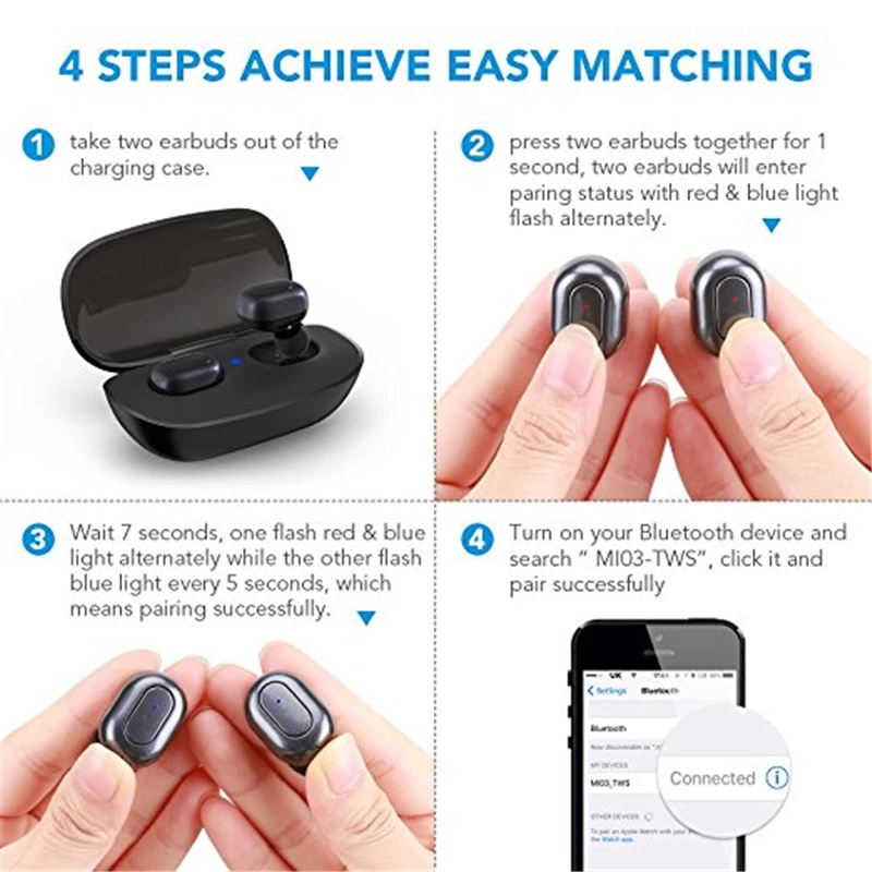 Mini Twins Bluetooth Headset Invisible In-Ear Earphones with Built-in Mic and Magnetic Charging Case for iPhone Android Samsung iPad (7)