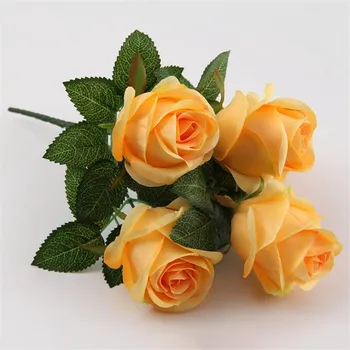 

Fake Rose Bunch (5 heads/piece) Simulation Roses with Green Leaf for Wedding Home Showcase Decorative Artificial Flowers