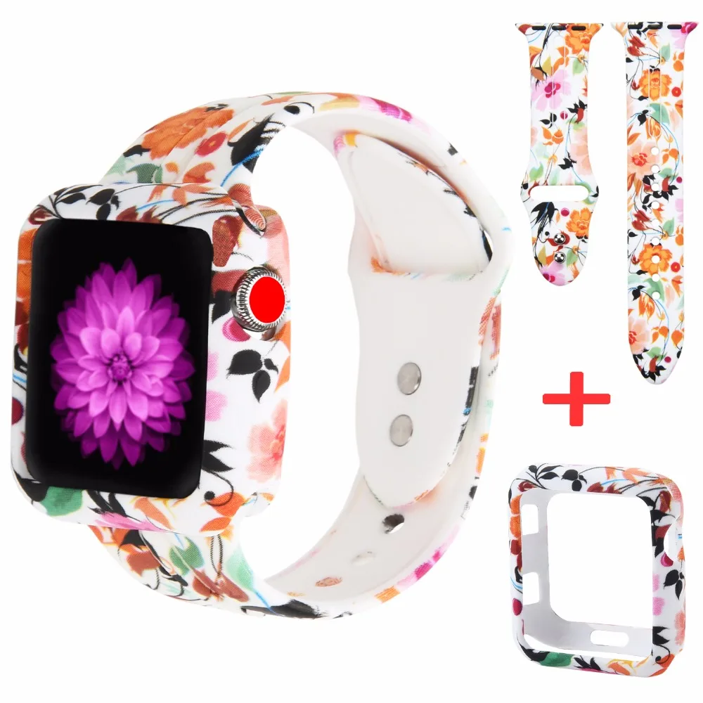 

Beorcabo Soft Silicone Watch Strap Printed Flower Repalcement for Apple Watch Band 1 2 3 Series with Protect Case for Iwatch