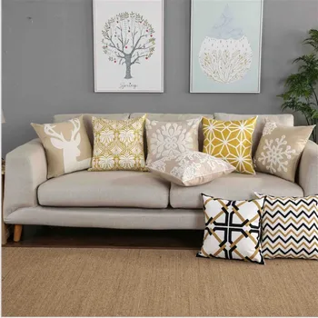 

Home Decor Embroidered Cushion Cover Yellow Black Geometric Canvas Cotton Square Embroidery Pillow Cover 45x45cm Pillow Sham