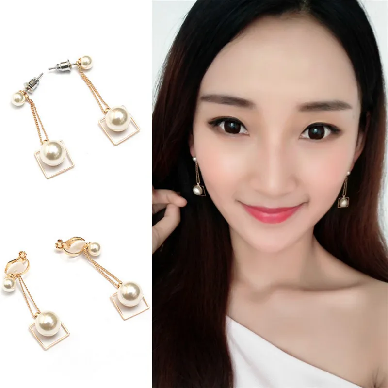 XOWSHINE Долго Имитация Pearl Fashion Square Серьги Нет Уха Пирсинг Персонализированные Клип