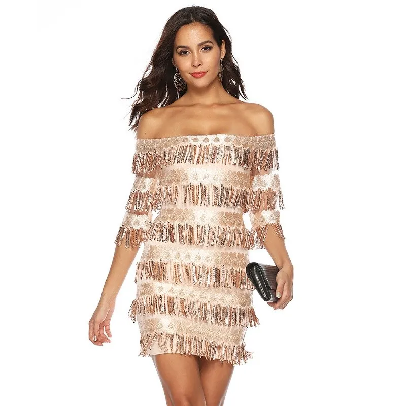

Sexy Women Layered Glitter Sequined Dress Formal Off Shoulder Bodycon Wrap Party Dress Solid Fringe Robe Mini Dress