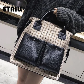 

ETAILL 2 Big Pockets Plaid Large Woman Tote Bag Fashion Canvas Handbag Check Pattern Shoulder Bags Top Handle Crossbody Bags
