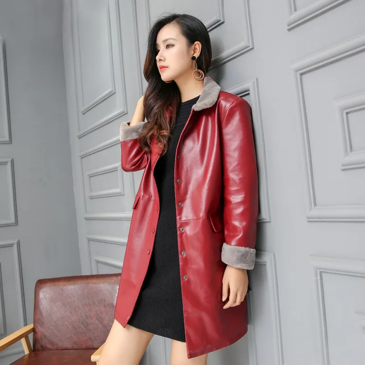 

Long PU coat to keep warm in fashionable coat female new collars