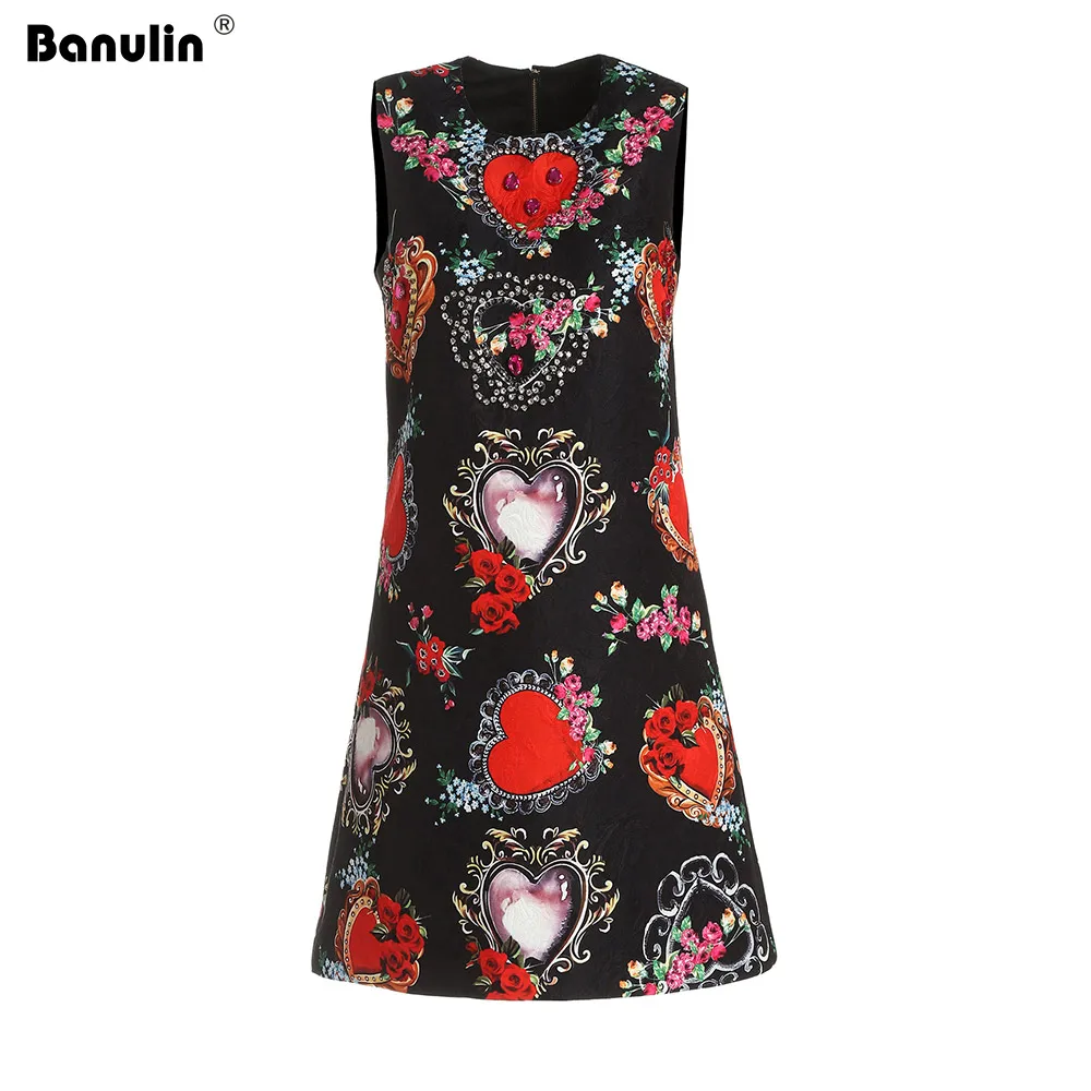 

Banulin 2019 Summer Fashion Runway Dress Women's Sleeveless Tank Retro Crystal Beading Floral Print Mini Vintage Dress Vestidos