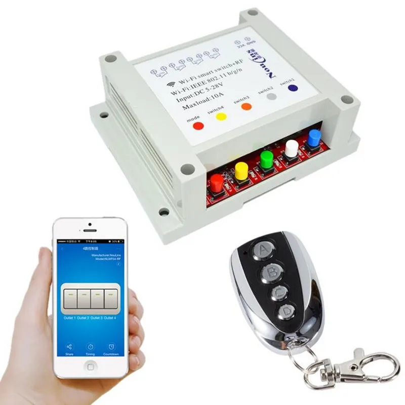 

4CH 12V Smart WIFI Switch Remote Control Light Switches 5-28V Timer Module, RF 433mhz Wireless Remoto for Garage Gate Automation