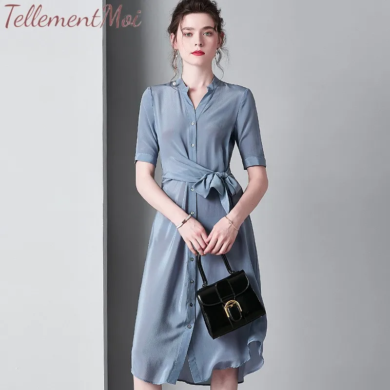 

Women's Summer Dress 100% Silk High Waist A Line Midi Shirt Dresses Elegant Office Lady Solid Dress Vestidos