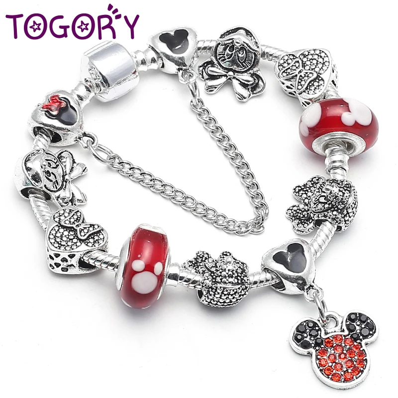 

TOGORY Silver Color Charm Bracelet & Bangle with Mickey & Minnie Charm Crystal Ball Red Murano Beads Fine Bracelet for Kids