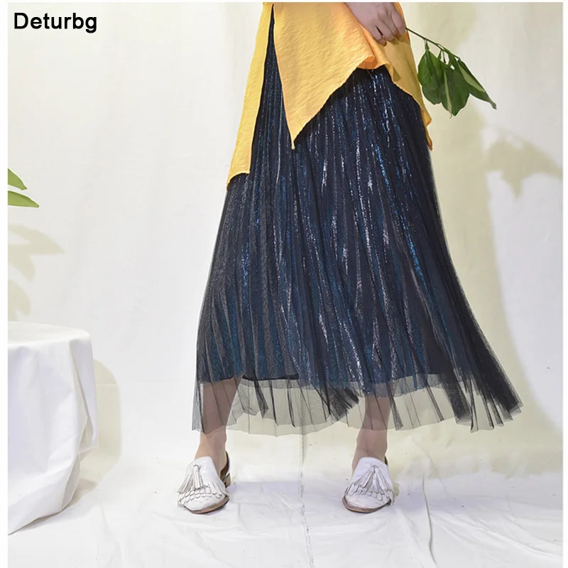 Women's 3 Layer Bright Tulle Skirt Ladies Korean High Waist Shining Tutu Skirt Pleated Mesh Midi Skirts Faldas Autumn
