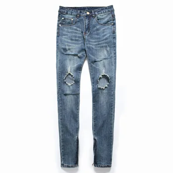 

2019 men's light blue slim hole all-match feet high street jeans waist straight zipper baggy jeans trousers personality