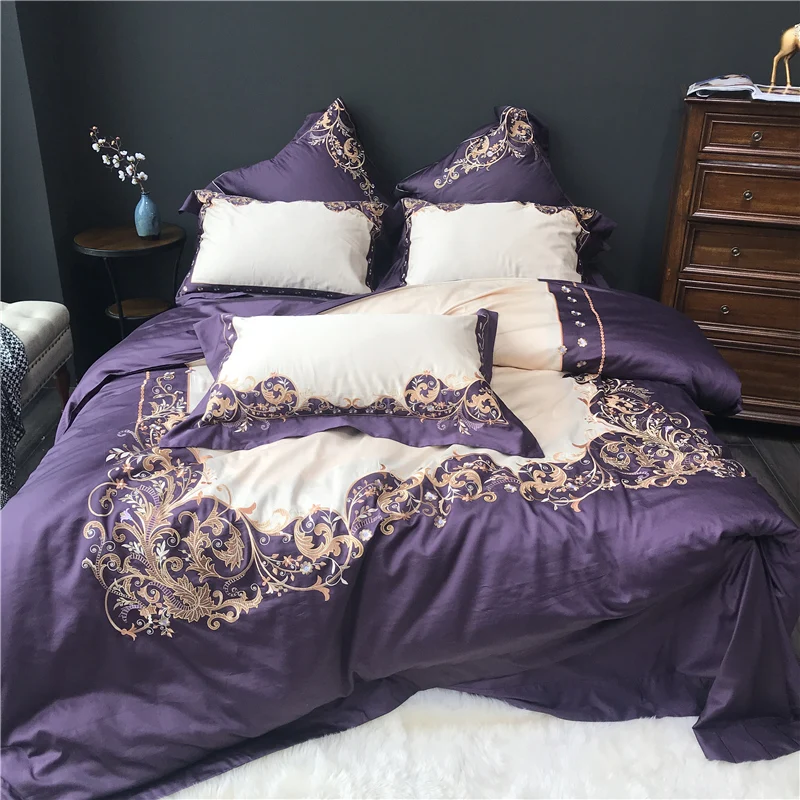 

Luxury Egypt Cotton Purple elegance Bedding Set Embroidery Silky Duvet cover Bed Sheet Pillowcases Queen King Size 4Pcs