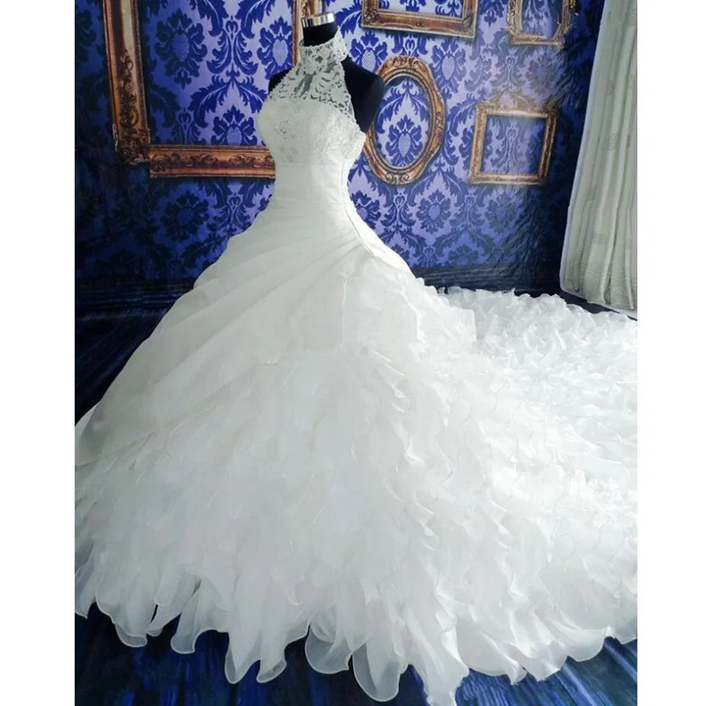 

White Elegant Halter Sleeveless Slim Fit Lace Wedding Dress Party Big Ball Gown