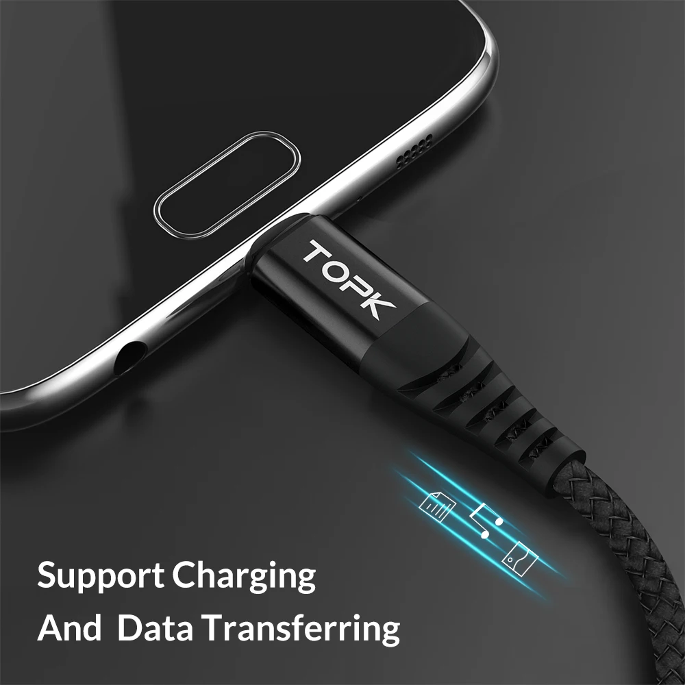 TOPK المصغّر usb كابل النايلون مضفر كبل مزامنة بيانات لسامسونج S7 حافة Xiaomi Redmi 4X شاحن هاتف محمول يعمل بنظام تشغيل أندرويد كابل
