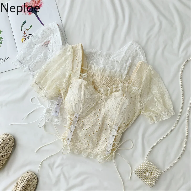 

Neploe Korean Sexy Bandage Crop Top Women Shirts Lace Hollow Out Female Clothing Summer Vintage Tunic Tops Blusas Mujer De Moda