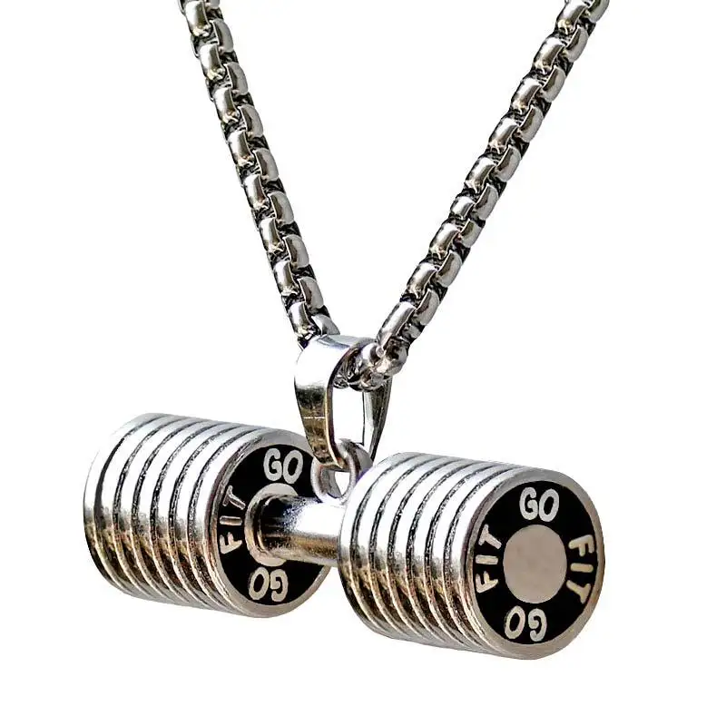 

JINSE Hip hop Fashion Barbell Necklace Sportsman Jewelry Stainless Steel Men and Women Dumbbell Pendants Necklaces Jewelry HQ042