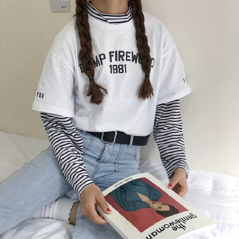 

Korea New Autumn Women's Long Sleeve Stitch Stripe Large Size High Neck Fashion Casual Letter Cotton Hip HopT-Shirt