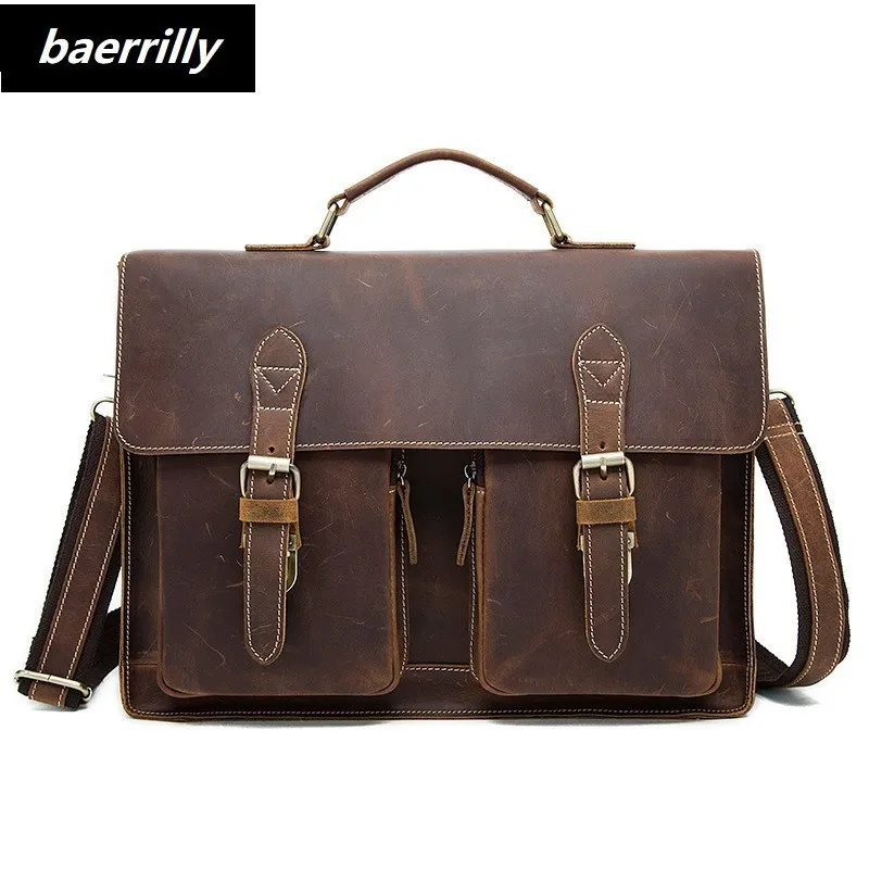 

Top Grade Male business Men's Vintage genuine Crazy Horse Leather Briefcase Messenger Shoulder Portfolio Laptop Bag Case Handbag