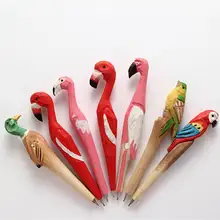 Handmade Animal carved wood pen Cute creative Flamingo Writing Pen Ball Point Wooden Novelty Gift School Stationary Ballpoint