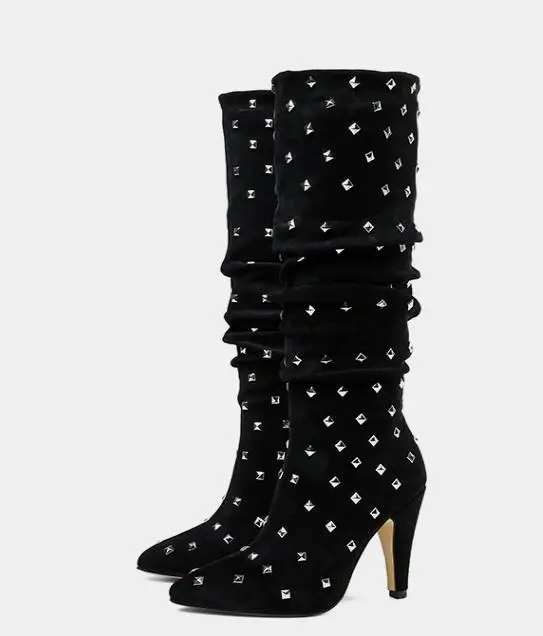 

new arrive woman black leather Pointed stiletto heel knee high boots rivets beading high heel woman knee high boot long boots