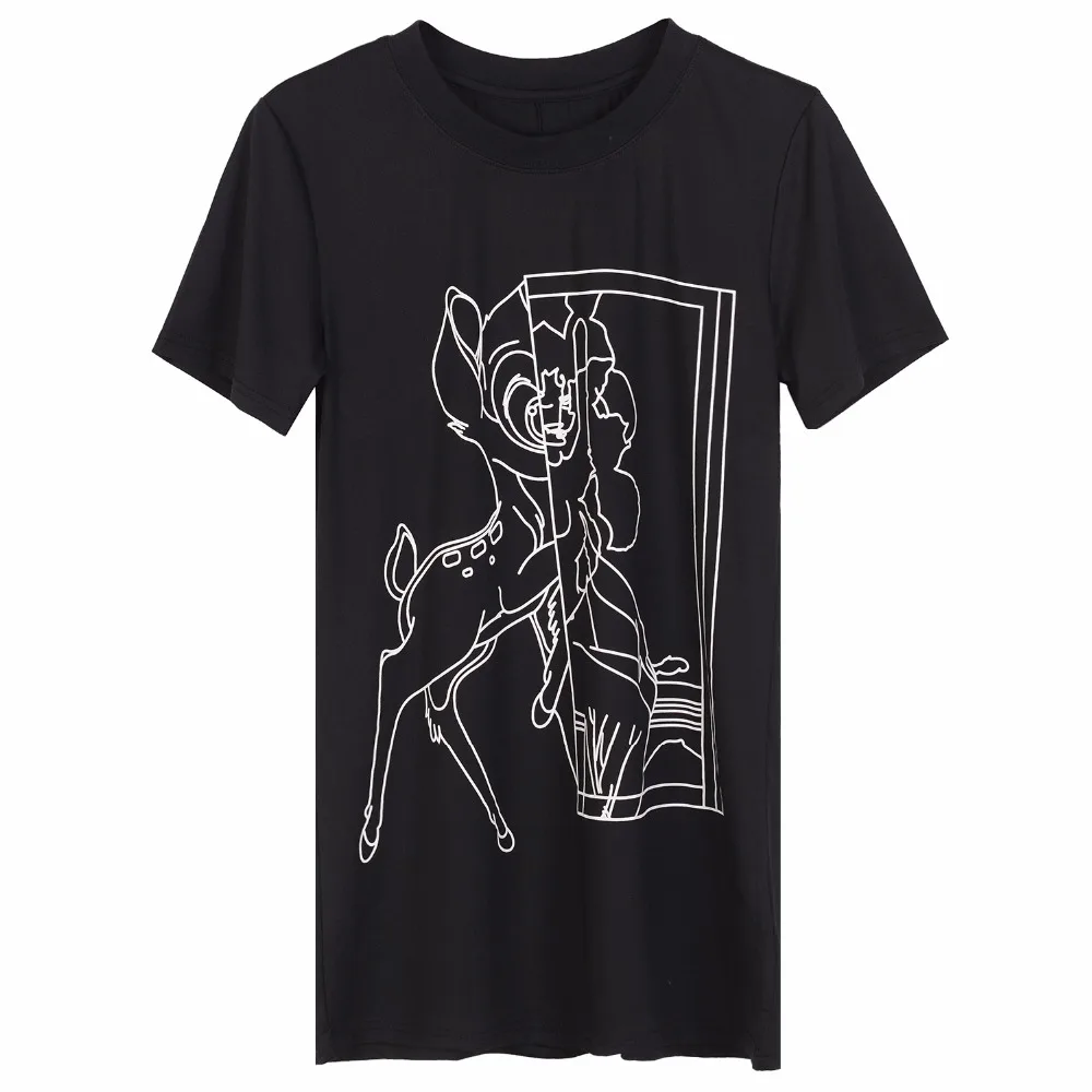

Summer Women Deer Print T-Shirt Short-Sleeve Casual Cotton White Tee Simple Black Top harajuku