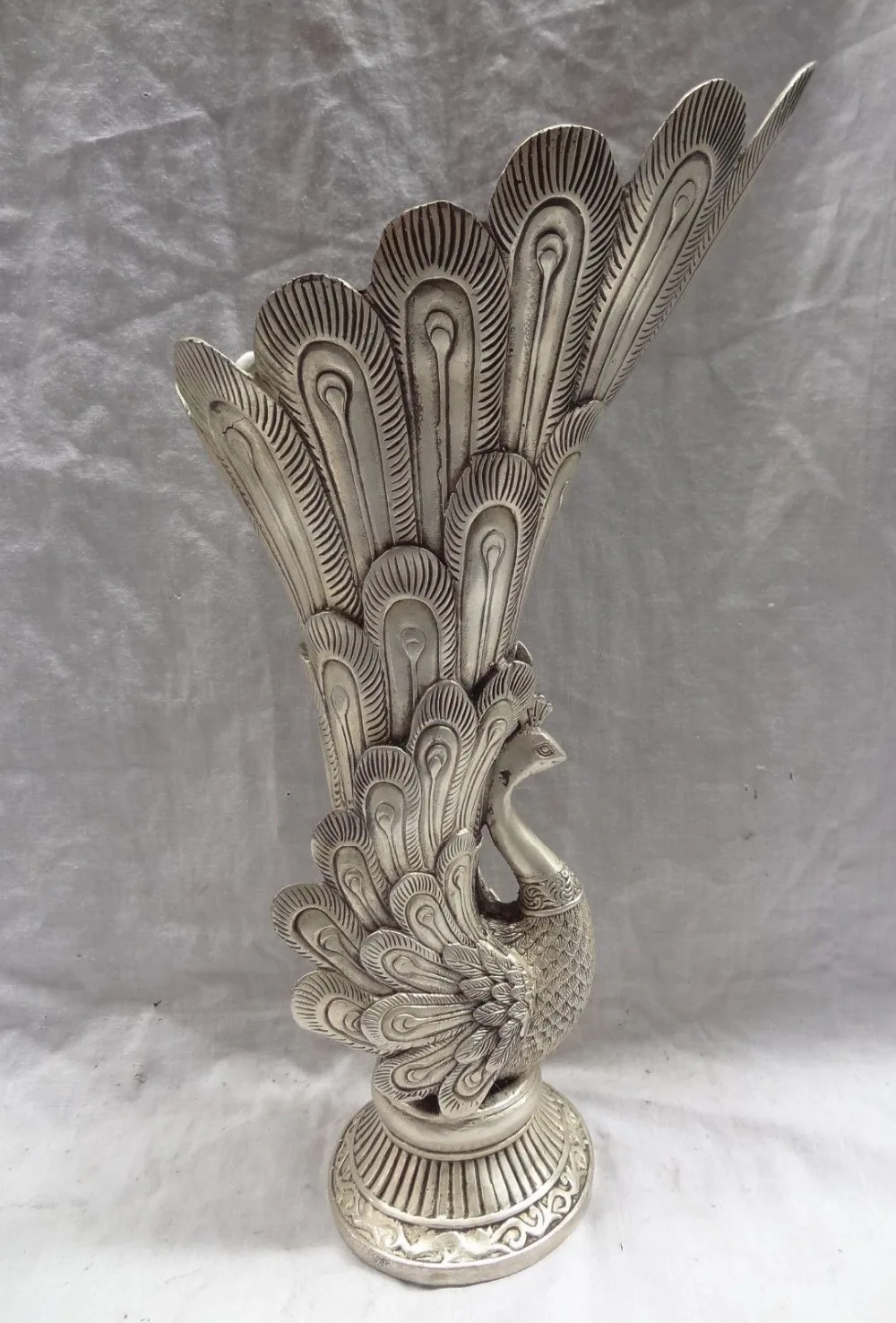 

14" Chinese Silver Phoenix Zun Statue Bronze Peacock Tail Peafowl Head Pot Vase