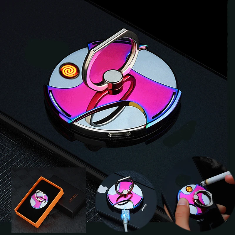 

1Pcs USB Lighter Creative Ring Charging Electric Pulse Lighter Compact Phone Bracket Electronic Cigarette Plasma Lighter Custom