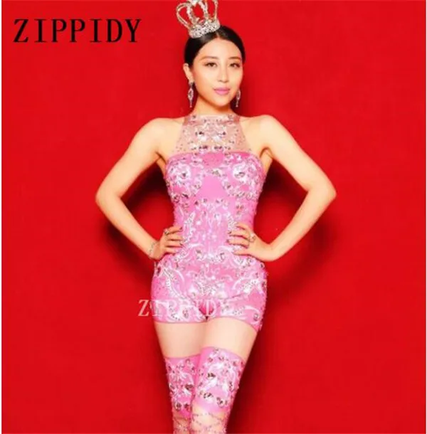 

Sexy Sparkly Rhinestones Pink Jumpsuit Costume Female Singer Birthday Celebrate Outfit Bling Design Rompers Dj Performance Wear