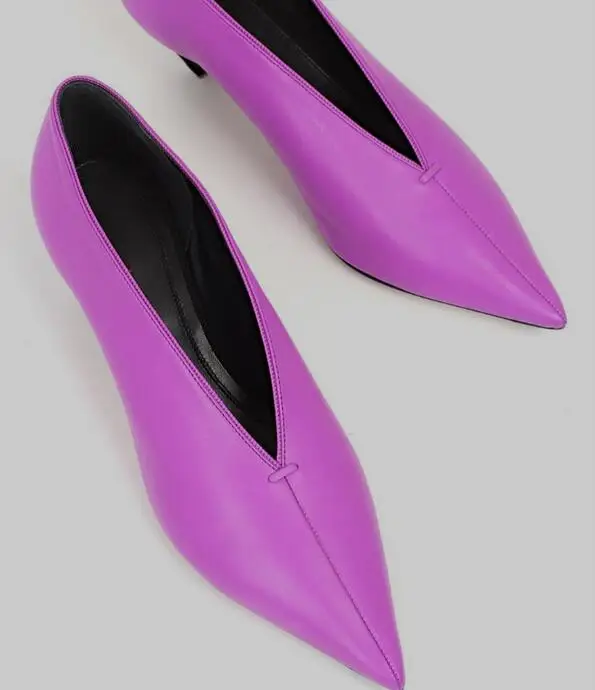 Soft Purple Black Leather Deep V-style Women Shoes Low Heels Pointed Low Cut Cone Heels Office Ladies Dress Shoes Real Photo