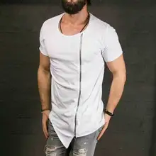2016 New Men’s Fashion Show Stylish Long T shirt Asymmetrical Side Zipper Big Neck Short Sleeve T-Shirt Male Hip Hop Top Tee