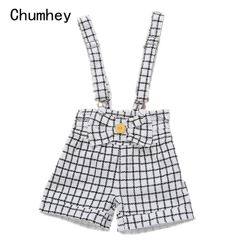 

9M-4T Baby Summer Overalls 100% Cotton Toddlers Rompers Babe Boys Girls Shorts Kids Plaid Jumpsuit Children Clothing With Bow