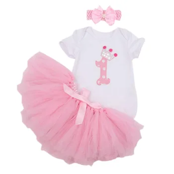 

3PCs per Set Baby Girls' Pink First Crown Birthday Tutu Set Infant Romper Bubble Skirt Headband