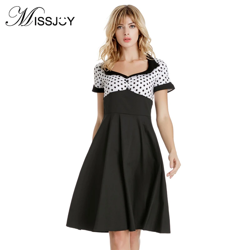 Skup MISSJOY plus rozmiar kobiety w stylu vintage Vestidos słodkie sukienki letnie sukienki z krótkim rękawem Polka Dot drukuj linii Rockabilly biały spódnica sukienka