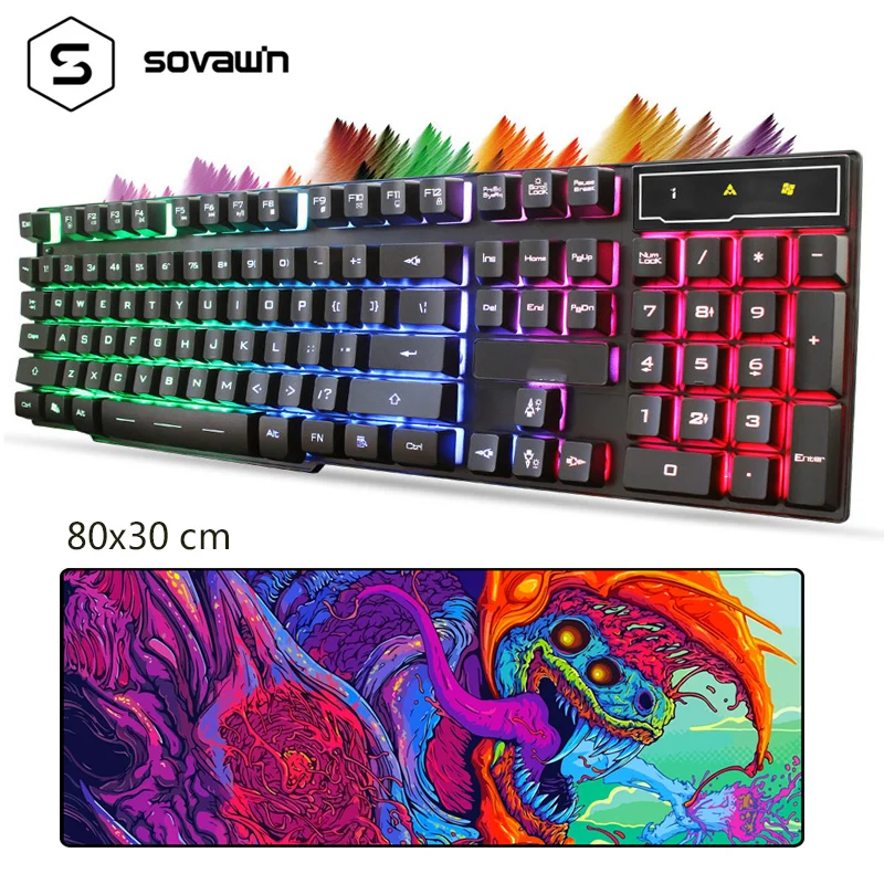 Koop 104 Sleutel Waterdicht Gaming Toetsenbord met Achtergrondverlichting LED Rainbow Bedraad Toetsenbord PC USB Gamer voor Computer met Grote Muismat mat