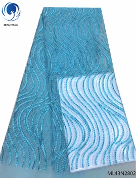 

BEAUTIFICAL french tulle lace beaded lace fabric sky blue Nigeria fabric for wedding party red 5yards/lot best quality ML43N28