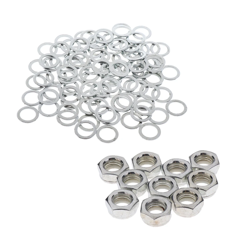 10pcs Skateboard Trucks Mounting Axle Hexagon Nuts Longboard Hardware Silver + 100pcs Bearings Washers Accessories