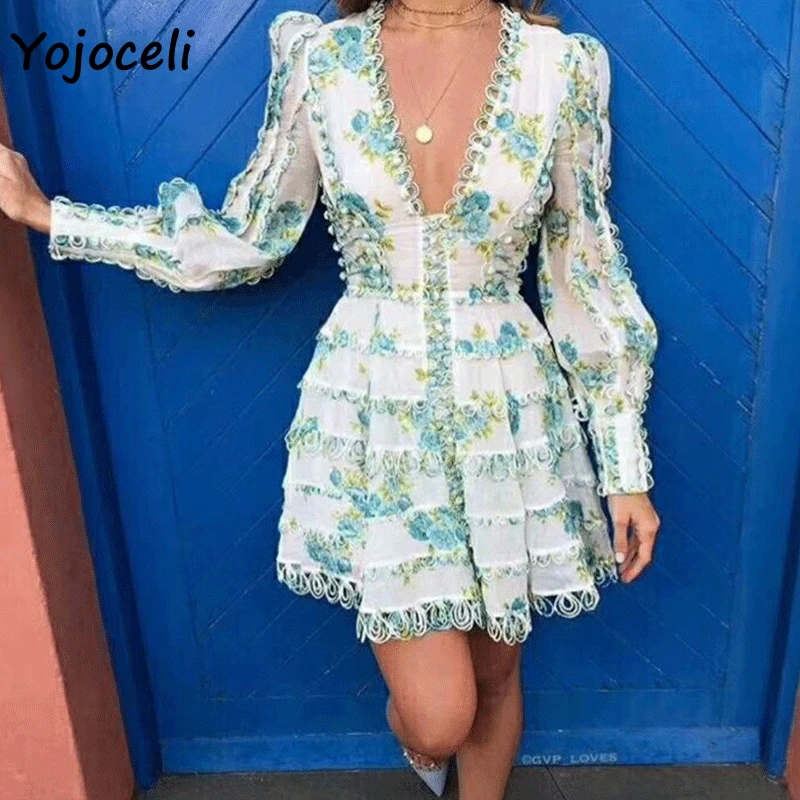 

Yojoceli 2018 sexy autumn winter print lace dress long sleeve deep v neck ball gown dress sexy button crochet boho dress