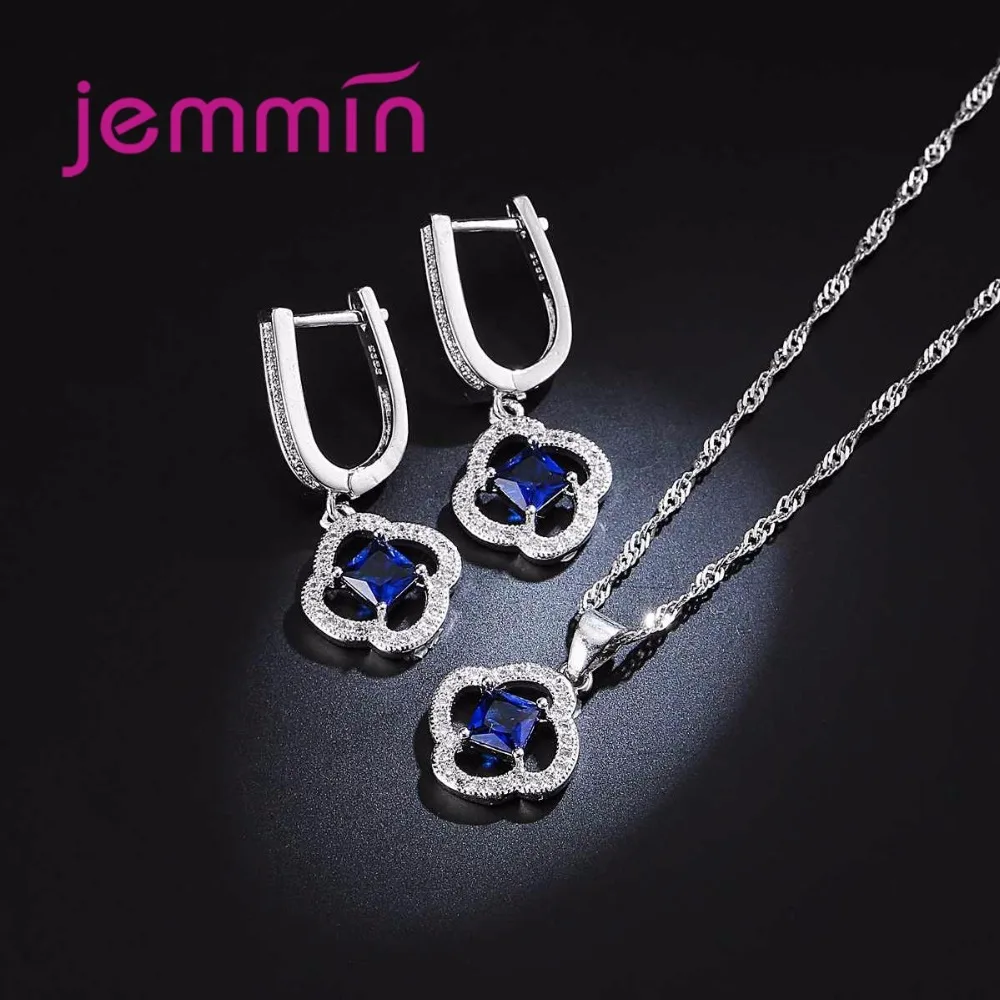 Очаровательный Свадебный комплект ювелирных изделий голубого цвета ожерелье с подвеской из кристаллов в виде цветка серьги набор 925 пробы серебро для женщин ювелирные изделия